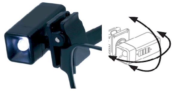 Clip-on LED task light, 9g incl. batteries, ~8hrs cont. use