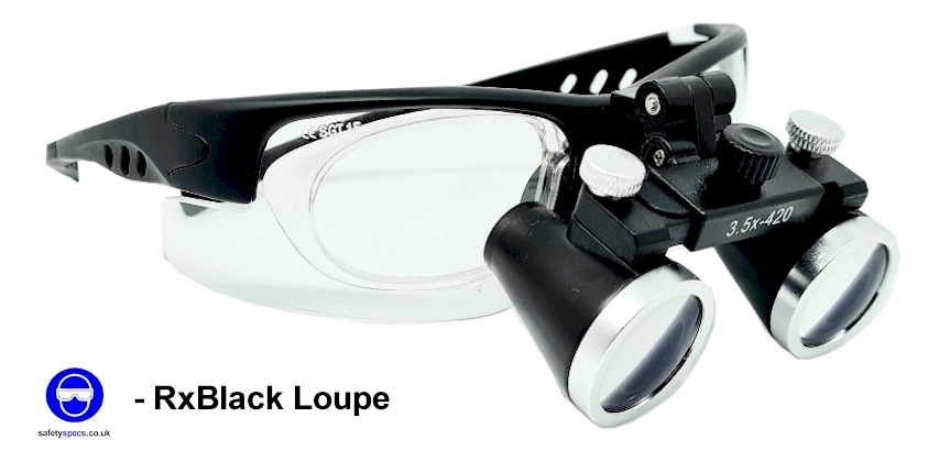 RxBlack  safety frame (with removable prescription insert) & FS 3.5x 420mm Binocular Loupe with LED